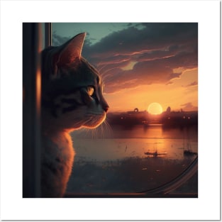 Design of a grey cat watching a sunset in Mexico Posters and Art